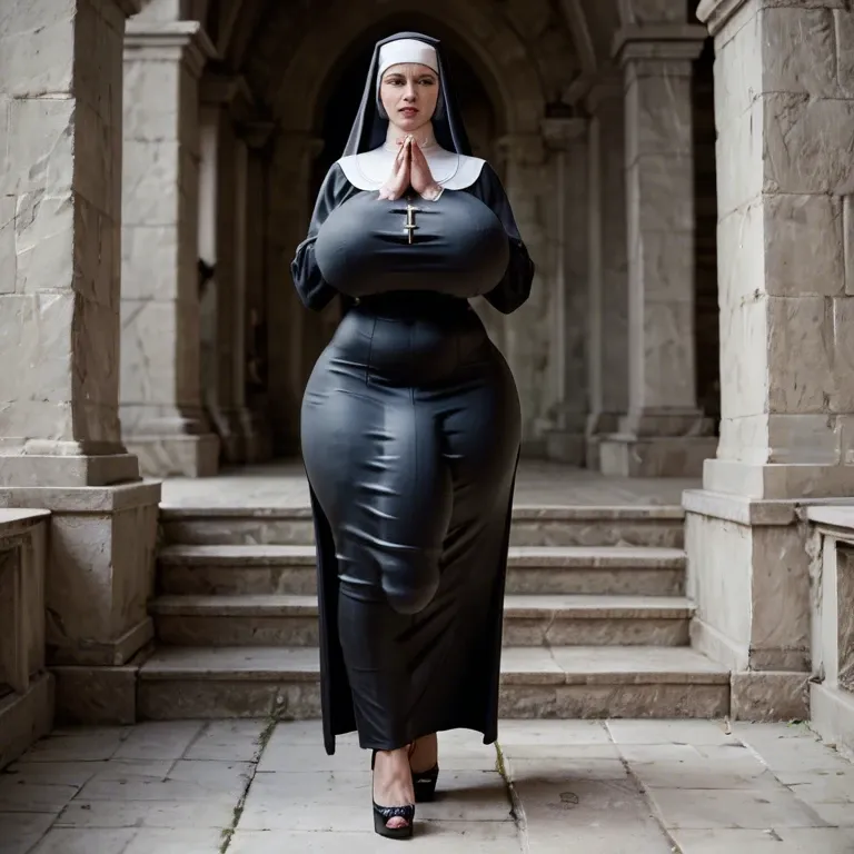 Nun,Huge ass, wide hips, thick thighs, huge breasts,breasts bigger than head, futanari , massive cock, huge balls ,flaccid,  huge bulge, ankle long skirt, full body view, standing, praying, , horny