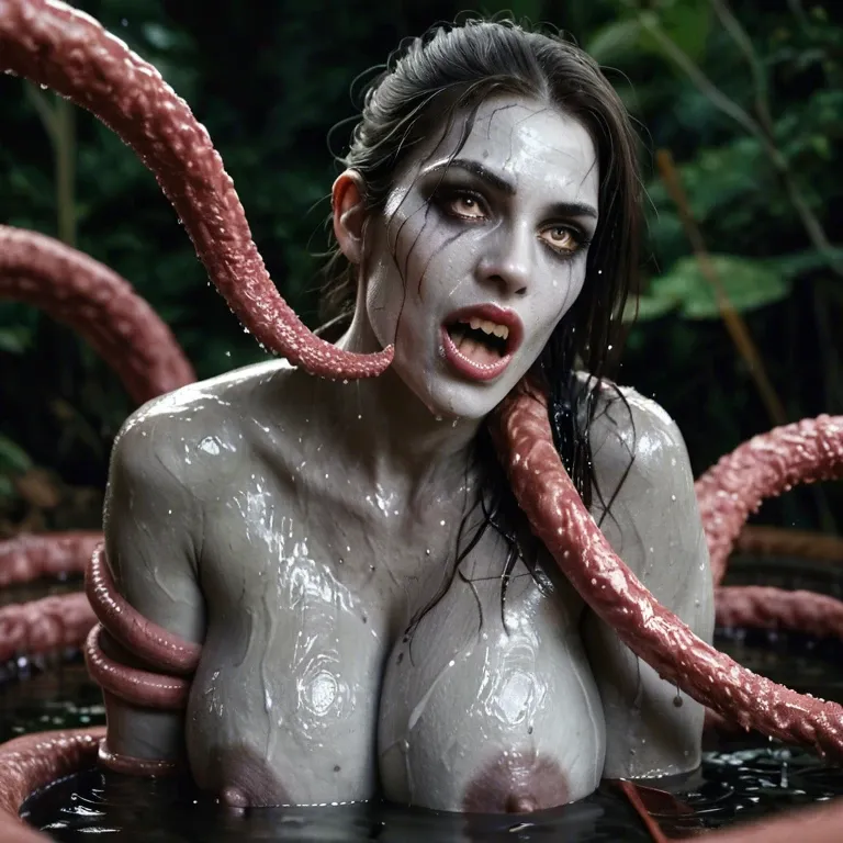 Mutant, scary, tentacles, grey skin, wet, busty, milky