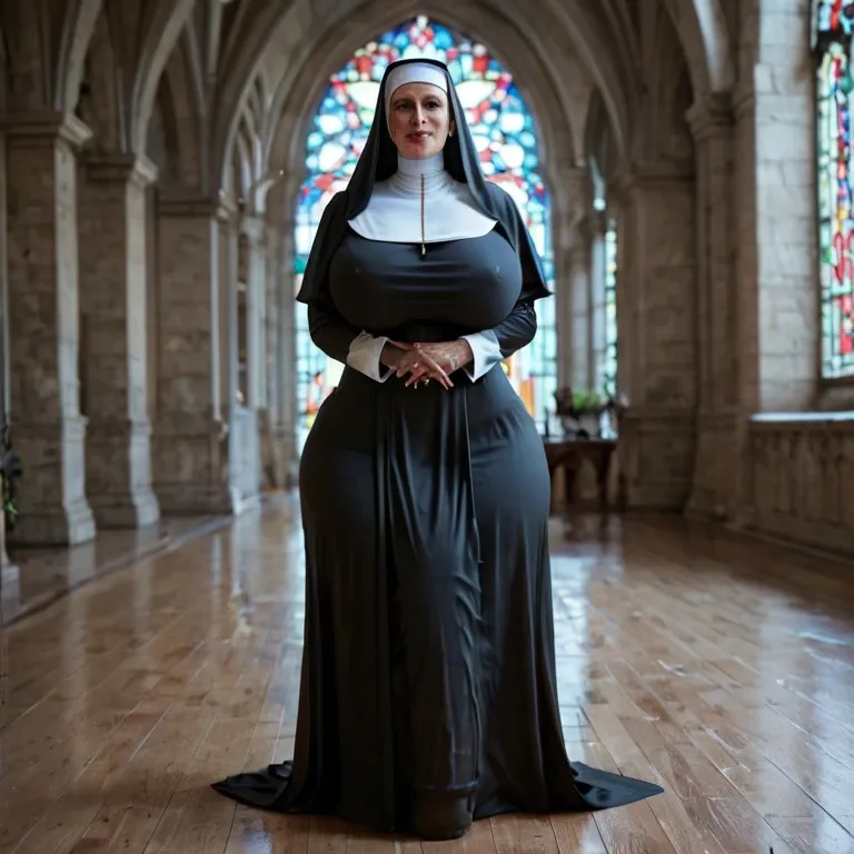 Milf,Nun,Huge ass, wide hips, thick thighs, huge breasts,breasts bigger than head, futanari , massive cock, huge balls ,flaccid,  huge bulge, ankle long skirt, full body view, standing, praying, , leaking cum on floor, standing in cum puddle