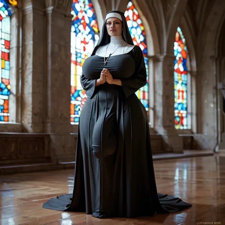 Nun,Huge ass, wide hips, thick thighs, huge breasts,breasts bigger than head, futanari , massive cock, huge balls ,flaccid,  huge bulge, ankle long skirt, full body view, standing, praying, , horny