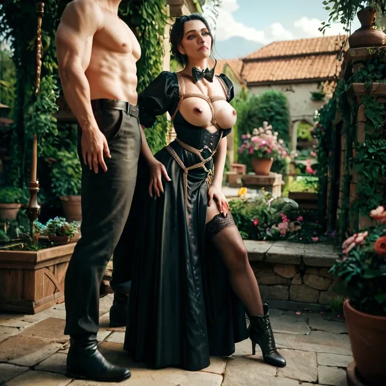 1girl,1boy, , , , cheek bulge,hand on own ass,nipples showing,waist,skin pores, medieval dress,sexy stockings,bowtie,black bra,black boots, shibari, garden, cyberpunk, candid camera, robot body, detailed cock, sunlight, spider-gwen, dynamic angle