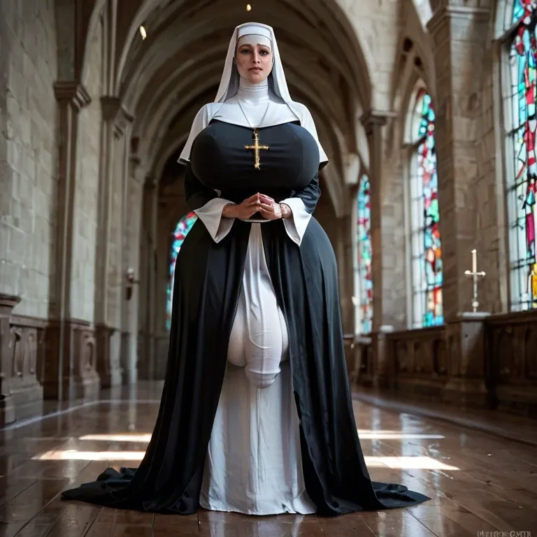 Nun,Huge ass, wide hips, thick thighs, huge breasts,breasts bigger than head, futanari , massive cock, huge balls ,flaccid,  huge bulge, ankle long skirt, full body view, standing, praying, , horny