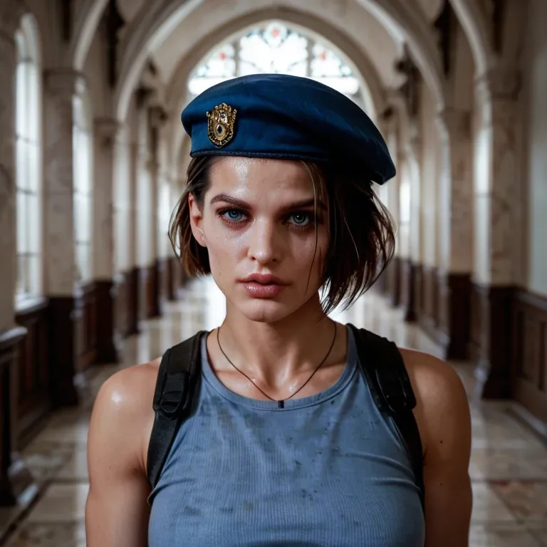 Jill Valentine, resident evil 1, s.t.a.r.s. outfit, blue beret, creeping through shadows in the hallway of Spencer mansion, zombies sneak up on her, hoping to eat her flesh