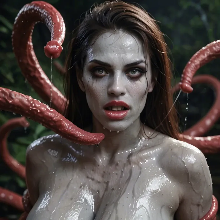 Mutant, scary, tentacles, grey skin, wet, busty, milky