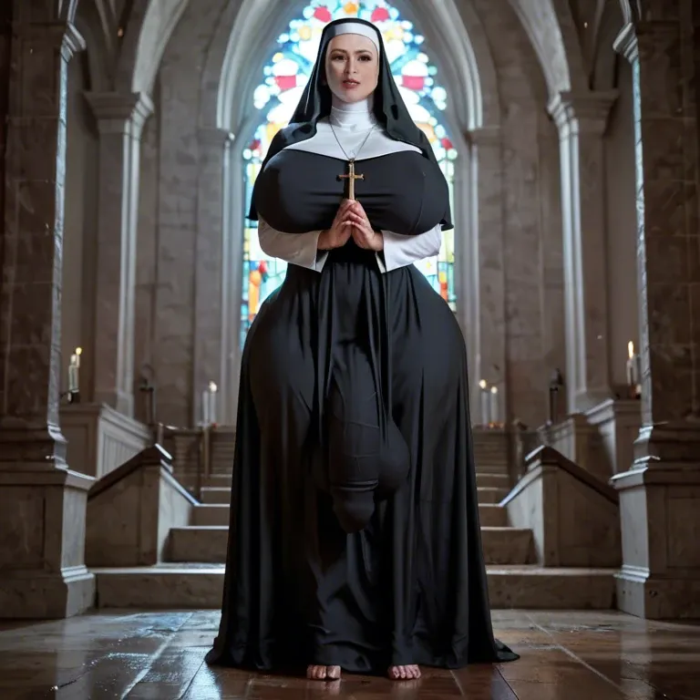 Nun,Huge ass, wide hips, thick thighs, huge breasts,breasts bigger than head, futanari , massive cock, huge balls ,flaccid,  huge bulge, ankle long skirt, full body view, standing, praying, , horny