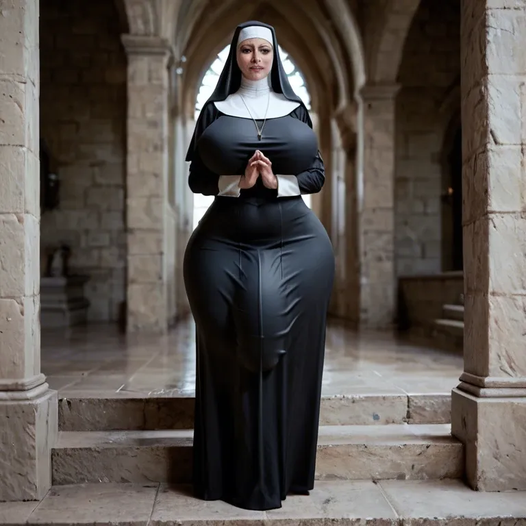 Nun,Huge ass, wide hips, thick thighs, huge breasts,breasts bigger than head, futanari , massive cock, huge balls ,flaccid,  huge bulge, ankle long skirt, full body view, standing, praying, , horny