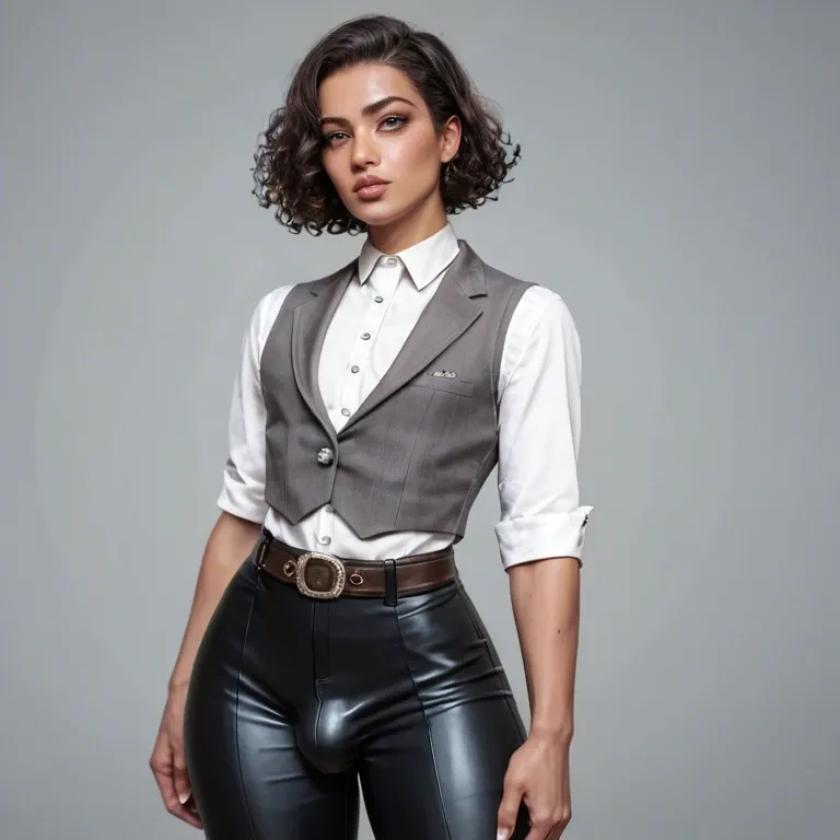 femboy, dark brown hair, curly hair, bob cut, grey eyes, wide hips, thick thighs, white button-up shirt, grey vest, black trousers, (bulge:0.7), thin belt, silver buckle, tailor shop, happy