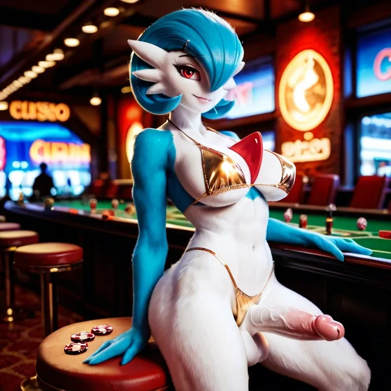 Detailed, gold_bikini, casino, Anthro, furry, pokemon, gardevoir, body_hair, body_fur, penis_outline, balls_outline, big_boobs, blue_hair, red_eyes, futanari, throbbing_cock, pre_cum