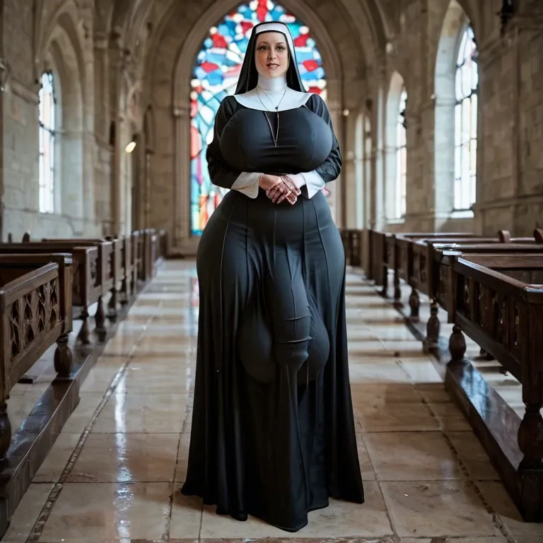 Milf,Nun,Huge ass, wide hips, thick thighs, huge breasts,breasts bigger than head, futanari , massive cock, huge balls ,flaccid,  huge bulge, ankle long skirt, full body view, standing, praying, , leaking cum on floor, standing in cum puddle