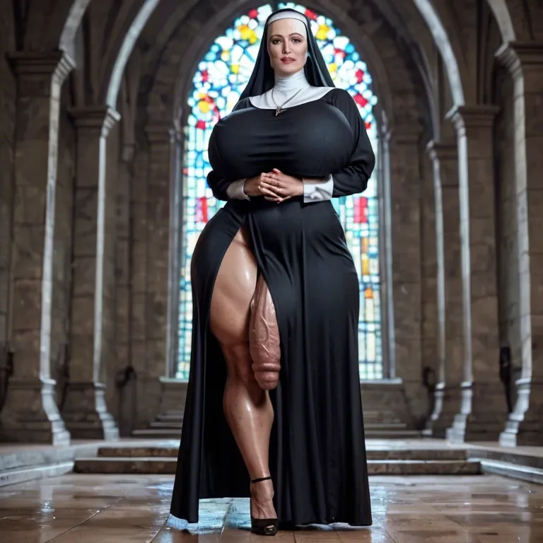 Milf,Nun,Huge ass, wide hips, thick thighs, huge breasts,breasts bigger than head, futanari , massive cock, huge balls ,flaccid,  huge bulge, ankle long skirt, full body view, standing, praying, , leaking cum on floor, standing in cum puddle