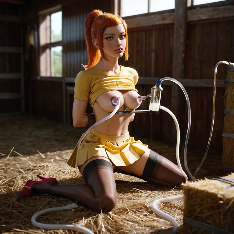 Gwen tennyson,ben 10 alien force,high heels,stockings,milking machine,emotionless face,glowing pink eyes,tied arms,in farm,yellow shirt,ponytail,lactating,yellow skirt