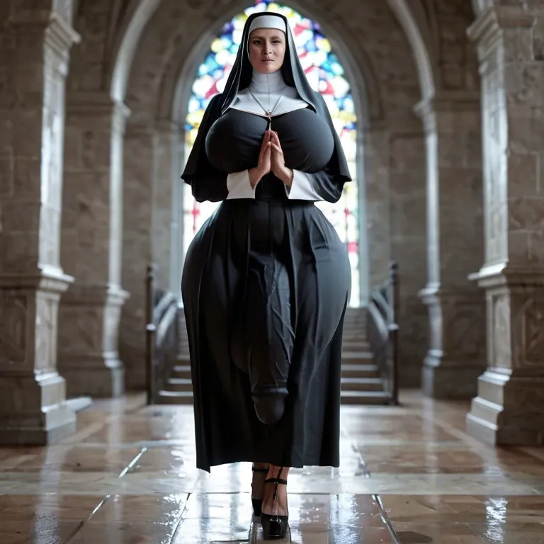 Nun,Huge ass, wide hips, thick thighs, huge breasts,breasts bigger than head, futanari , massive cock, huge balls ,flaccid,  huge bulge, ankle long skirt, full body view, standing, praying, , leaking cum on floor, standing in cum puddle