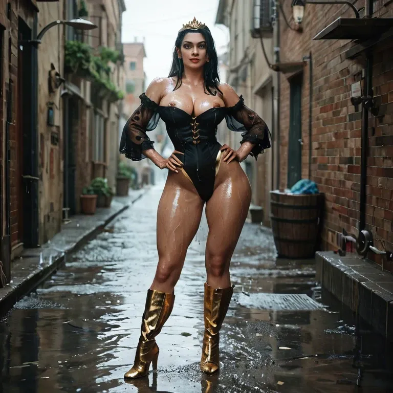 1girl,solo, , , , cheeks,hands on hips,nipple slip,big hips,free shoulders, collared shirt,gold anklets,golden tiara,highleg panties,gothic boots, shower, alleyway, medieval prison, vibrator, wonder woman, ariel waifu