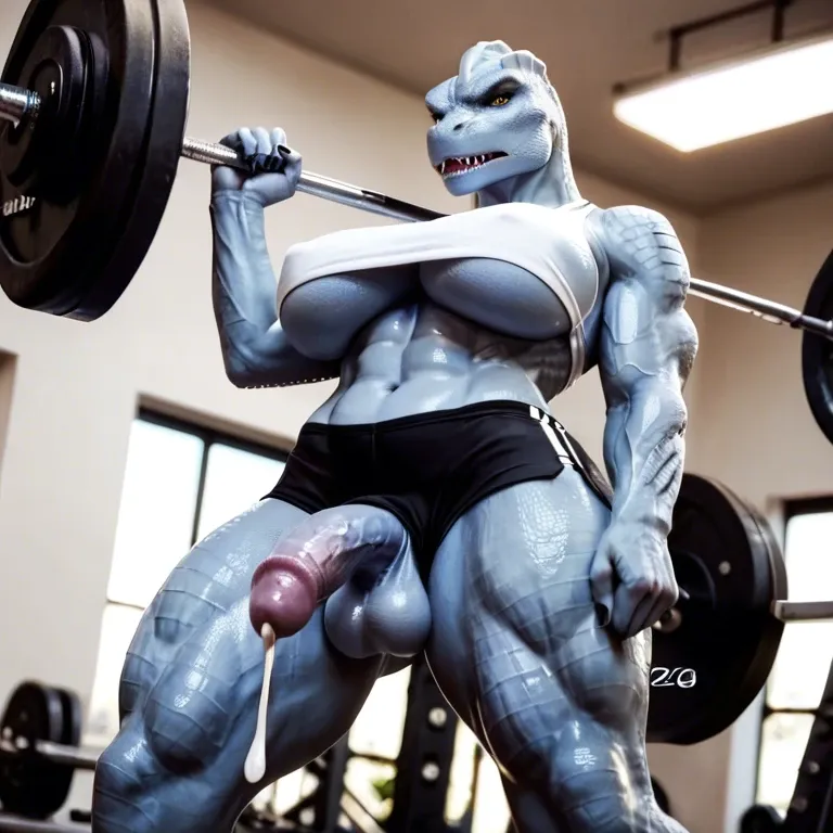 Detailed, machamp, futanari, anthro, scalie, body_scales, gym_clothes,  sideboob, underboob, gym, balls_outline, pre_cum, angry