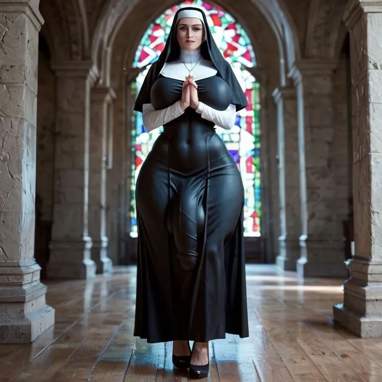 Nun,Huge ass, wide hips, thick thighs, huge breasts,breasts bigger than head, futanari , massive cock, huge balls ,flaccid,  huge bulge, ankle long skirt, full body view, standing, praying, , leaking cum on floor, standing in cum puddle