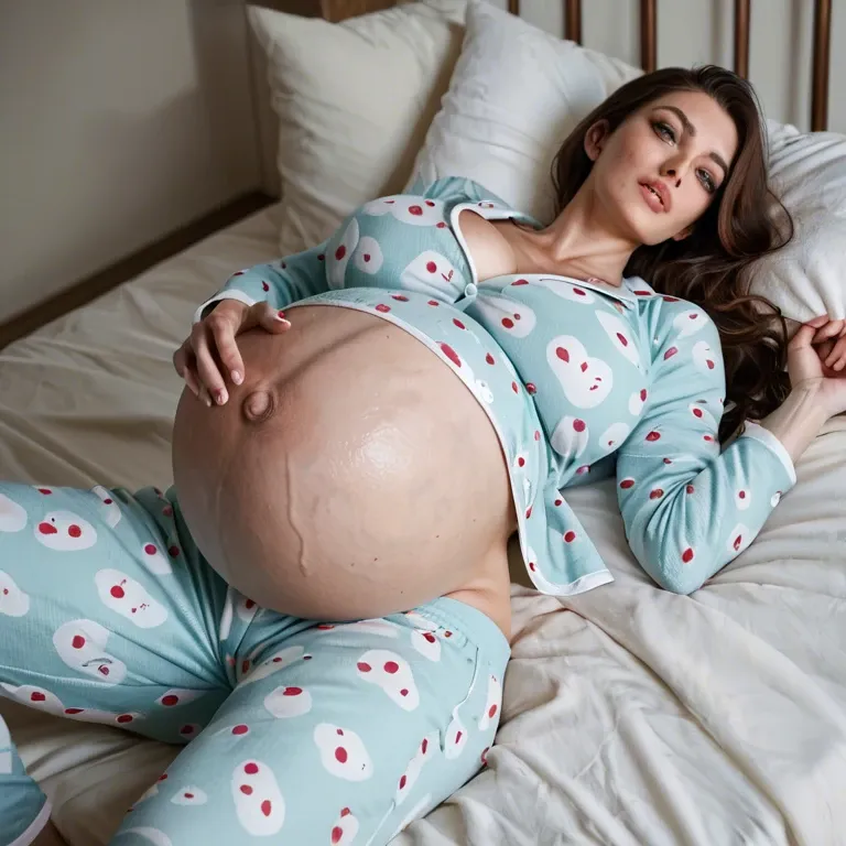 Laying in bed on thier back, tight pajamas,  giant pregnant belly, veins,  belly close up