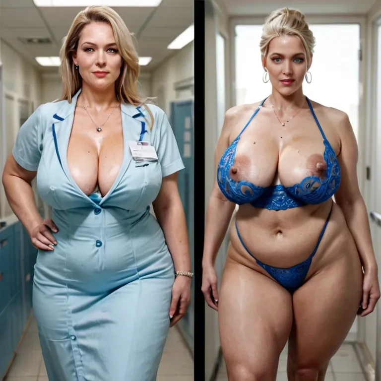 Realistic, Milf, blonde, bbw, super thick legs, hairy, blue scrub clothes, saggy tits, huge tits, stand, hospital, before & after