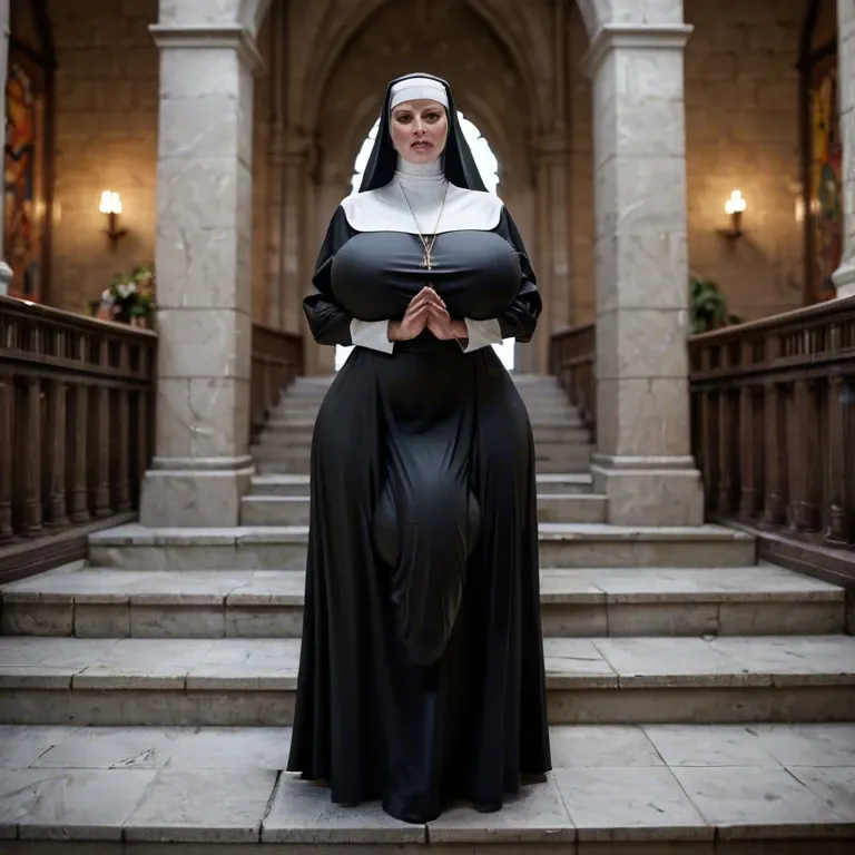 Nun,Huge ass, wide hips, thick thighs, huge breasts,breasts bigger than head, futanari , massive cock, huge balls ,flaccid,  huge bulge, ankle long skirt, full body view, standing, praying, , leaking cum on floor, standing in cum puddle