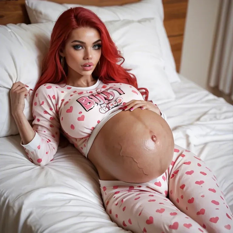 Laying in bed on thier back, tight pajamas,  giant pregnant belly, veins,  belly close up, bimbo, red hair, femboy