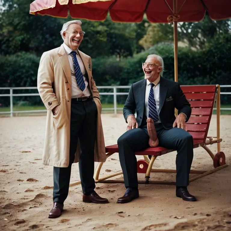 Old man wearing only a long trenchcoat, elegant socks and shoes, thick thighs, athletic body, large penis, standing on a playground, smiling, laughing, enjoying, full-body picture