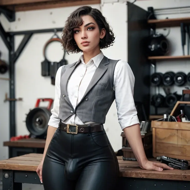 femboy, dark brown hair, curly hair, bob cut, grey eyes, wide hips, thick thighs, white button-up shirt, grey vest, black trousers, (bulge:0.9), thin belt, silver buckle, workshop, happy