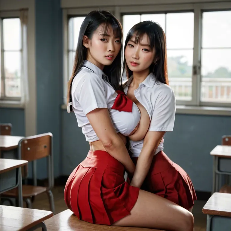 Asian, big breast, sexy ass,  School uniform, white t shirt,  red skirt, school class,  class room, many students, Shows the chest, Elbows bent on the table,Touching breasts