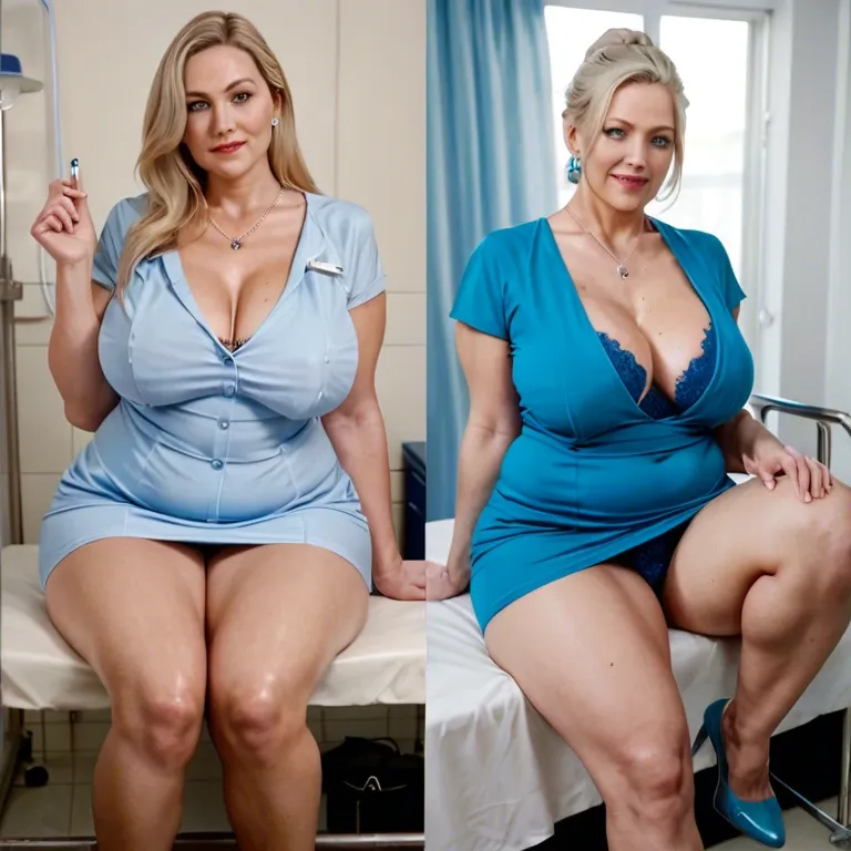 Realistic, Milf, blonde, bbw, super thick legs, hairy, blue scrub clothes, saggy tits, huge tits, sit down, hospital, before & after