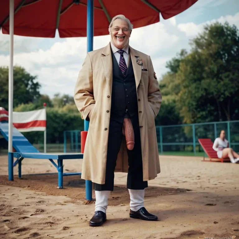 Old man wearing only a long trenchcoat, elegant socks and shoes, thick thighs, large penis, standing on a playground, smiling, laughing, enjoying, full-body picture