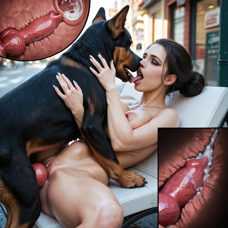 1girl, public street, missionary, ahegao, hard nipples, eye contact, hug, internal creampie, feral wolfdog, knotted cock, stomach bulge, canine penis, kissing, tongue, close-up, vaginal, crying, lace panties