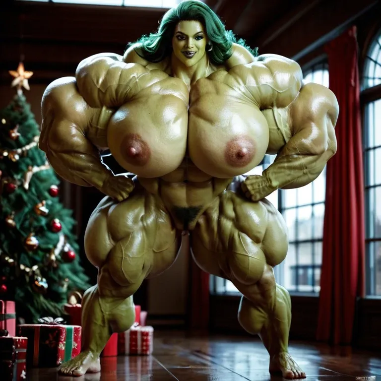 She hulk, hyper massive muscles female, massive muscles, hyper gigantic massive muscles, massive muscles, hyper gigantic muscles, hyper gigant muscles, hyper giant muscles, hyper muscle tank, nude pectorales, hairy pussy, lingerie Christmas, home