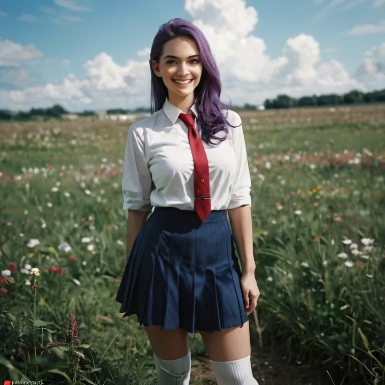 1 girl, 18 years, on field, brown shoes, White socks, blue school skirt, White shirt, purple hair, green eyes, standing, red  tie, smiling, ashoka tano