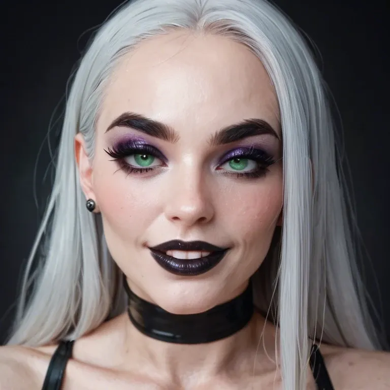 a sexy goth woman, extreme eyeliner, thick black eyeliner, winged eyeliner, huge eyelashes, black lipstick, very thin sculpted eyebrows, heavy blush, white foundation, extreme purple eyeshadow, green eyes, very pale skin, long black hair, smiling, playful, teasing, cute, curvy, large earrings, choker