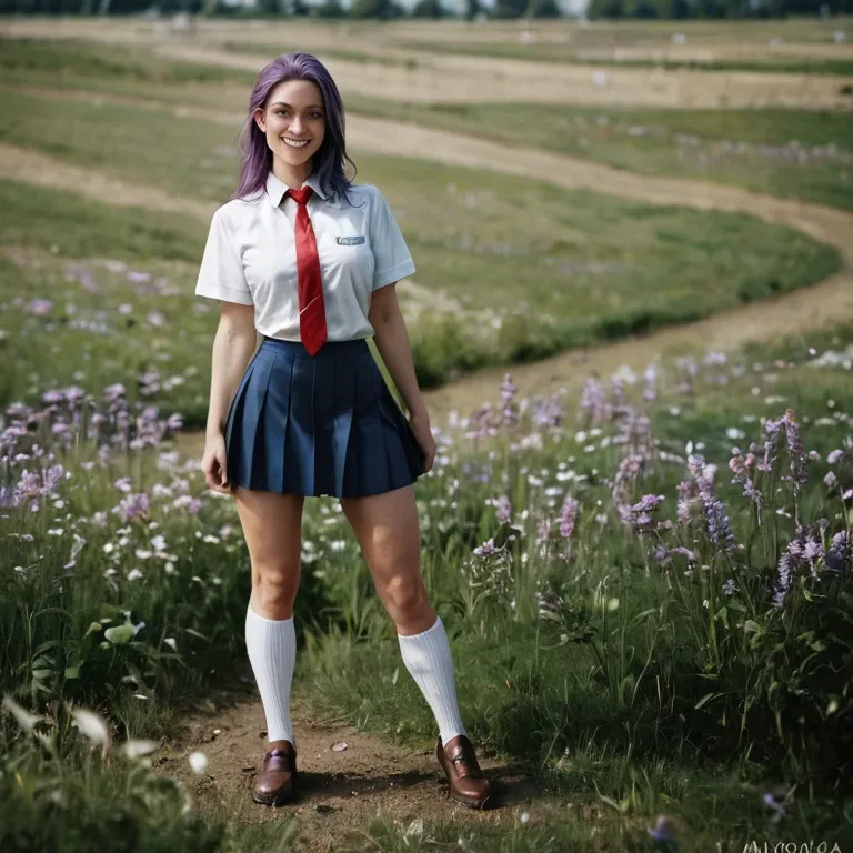 1 girl, 30 years, on field, brown shoes, White socks, blue school skirt, White shirt, purple hair, green eyes, standing, red  tie, smiling, ashoka tano