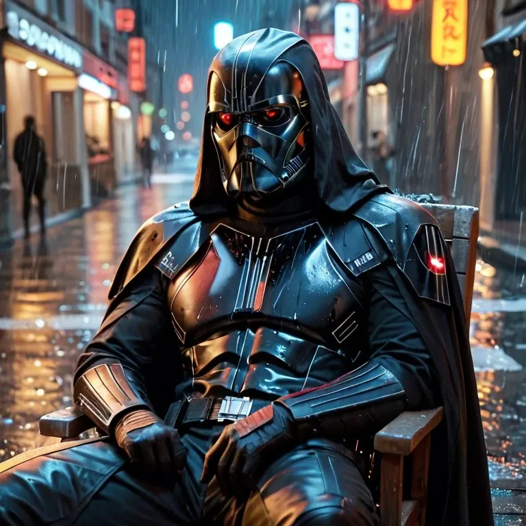 Darth Vader sitting in an chair in the rain on a street at night