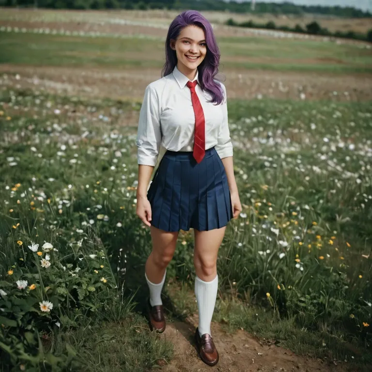 1 girl, 18 years, on field, brown shoes, White socks, blue school skirt, White shirt, purple hair, green eyes, standing, red  tie, smiling