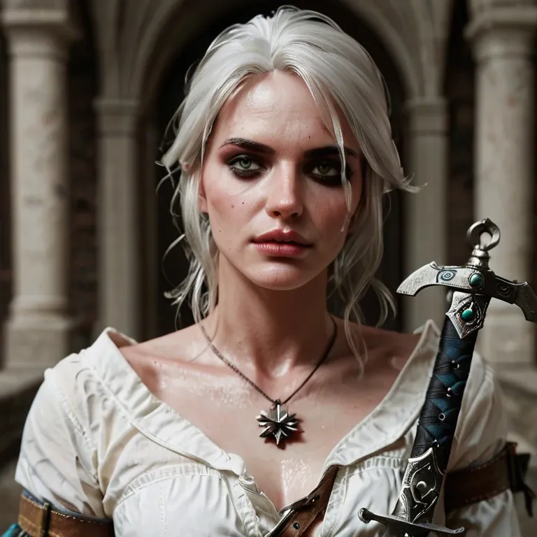 Ciri,the witcher,petite body,long white hair,bangs,outfit,sword,looking at viewer