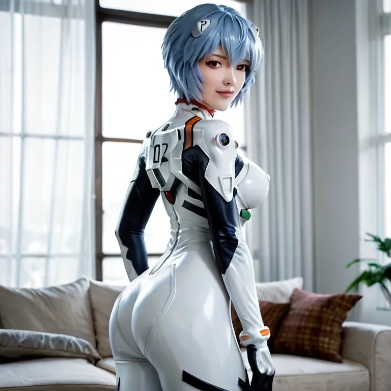 1girl,ayanami rei, \(neon genesis evangelion\),twisted waist, breast, ass, half closed eyes smile, blue hair, (white plugsuit bodysuit),