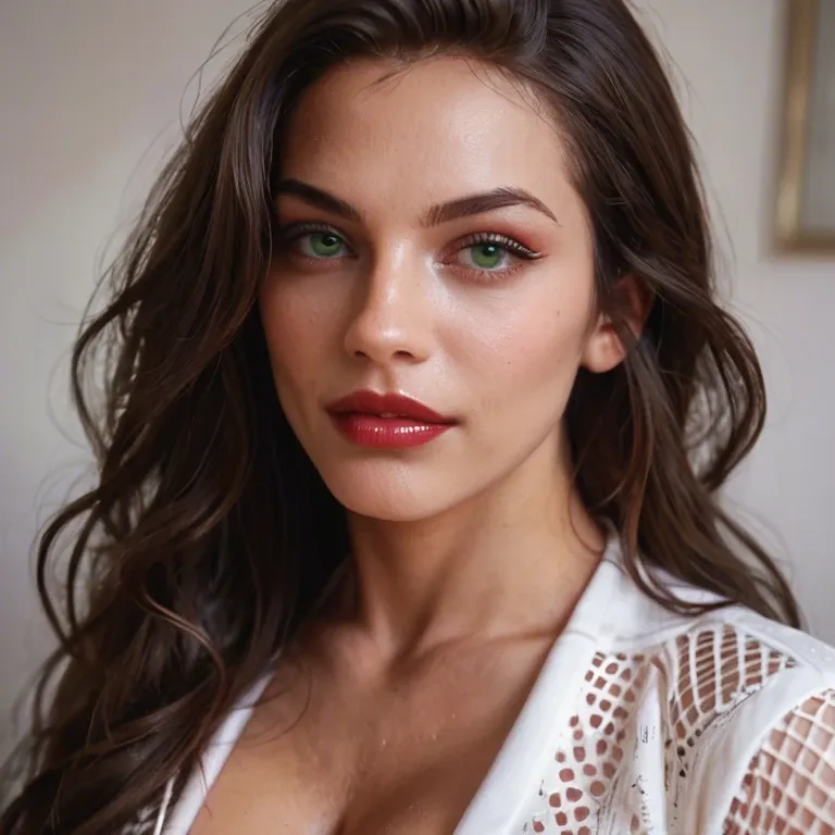 overgead lighting, realistic, close up, bronze tan, beautiful face, hungry green eyes, thick red lips, long brunette hair, d-cup breasts, smiles at the camera, wears a white shirt with a deep cleavage, the shirt is wet and see-through and hoop earrings