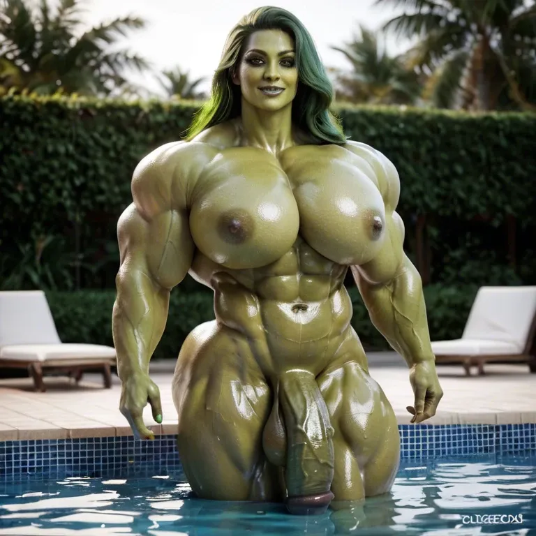 She hulk, man body, feminine face, high cheekbones, hyper muscular, massive muscles, no tits, waist, muscle ass, pool, hyper muscular, oiled body, (gigantic massive flaccid futanari cock bulge: 1.3), tattoos, heavily tattooedtattoo, long veiny cock bulge, long cock, dick bulge, flaccid cock, dick outline