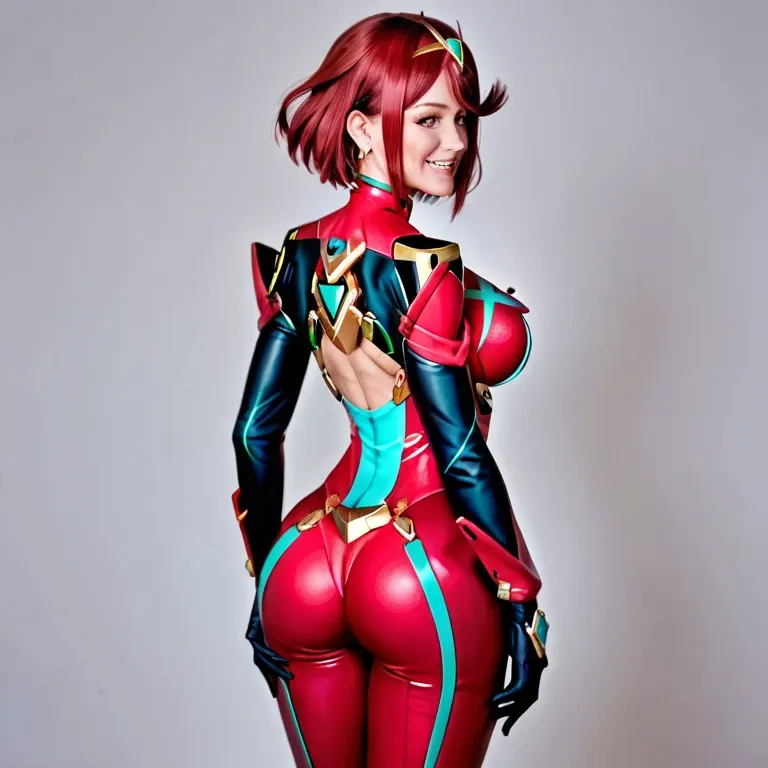 1girl,pyra \(xenoblade\),twisted waist, breast, ass, half closed eyes smile, (plugsuit bodysuit),