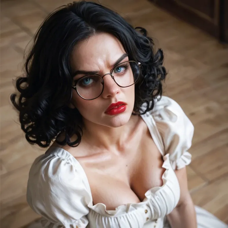 at a new year's event, high-definition, pale white skin, black curly raised hair, deep blue eyes, annoyed face expression, red lips, c-cup breasts, black-rimmed glasses, wearing a puffy dress above the knees coloured cotton-candy pink, shoulders visible, full body visible, deep cleavage visible