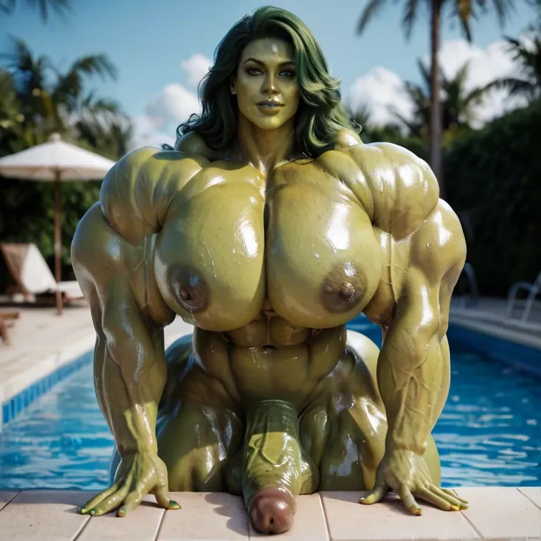 She hulk, man body, feminine face, high cheekbones, hyper muscular, massive muscles, no tits, waist, muscle ass, pool, hyper muscular, oiled body, (gigantic massive flaccid futanari cock bulge: 1.3), tattoos, heavily tattooedtattoo, long veiny cock bulge, long cock, dick bulge, flaccid cock, bikini beach