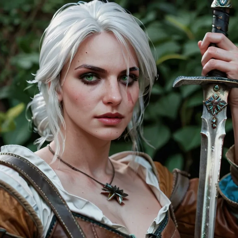 Ciri,the witcher,petite body,long white hair,bangs,outfit,sword, green eyes,looking at viewer