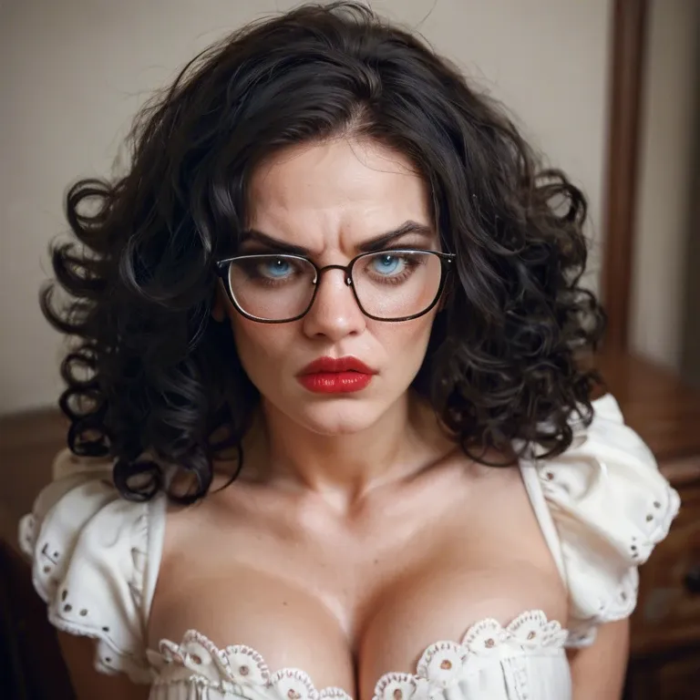 high-definition, pale white skin, black curly raised hair, deep blue eyes, annoyed face expression, red lips, c-cup breasts, black-rimmed glasses, wearing a puffy dress above the knees coloured cotton-candy pink, shoulders visible, full body visible, deep cleavage visible