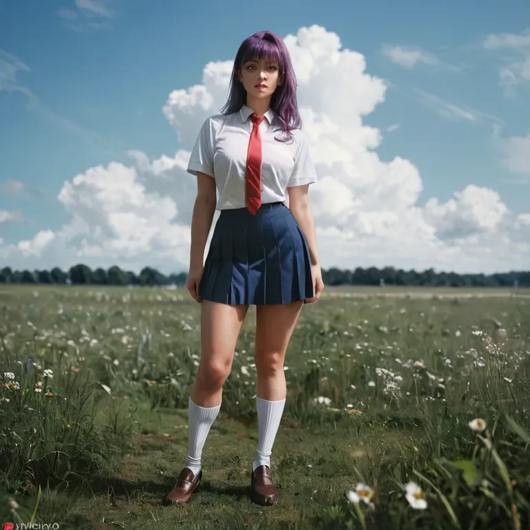 1 girl, 18 years, on field, brown shoes, White socks, blue school mini skirt, White shirt, purple hair, green eyes, standing, red  tie,