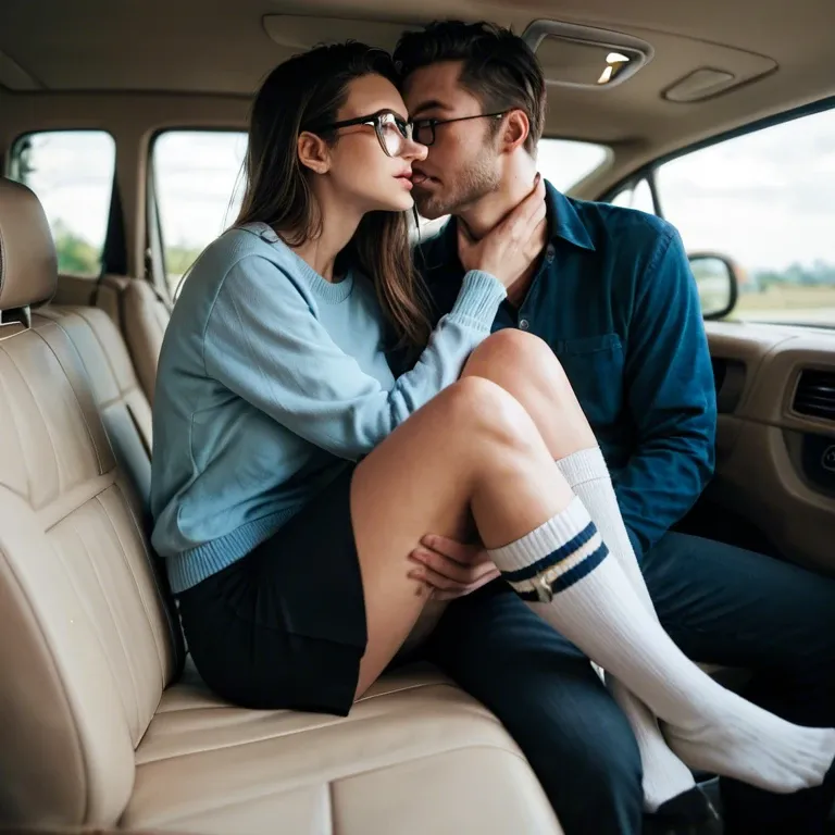 a cute brunette woman in glasses in a pale blue jumper and cotton black skirt and socks sits on your lap in a car