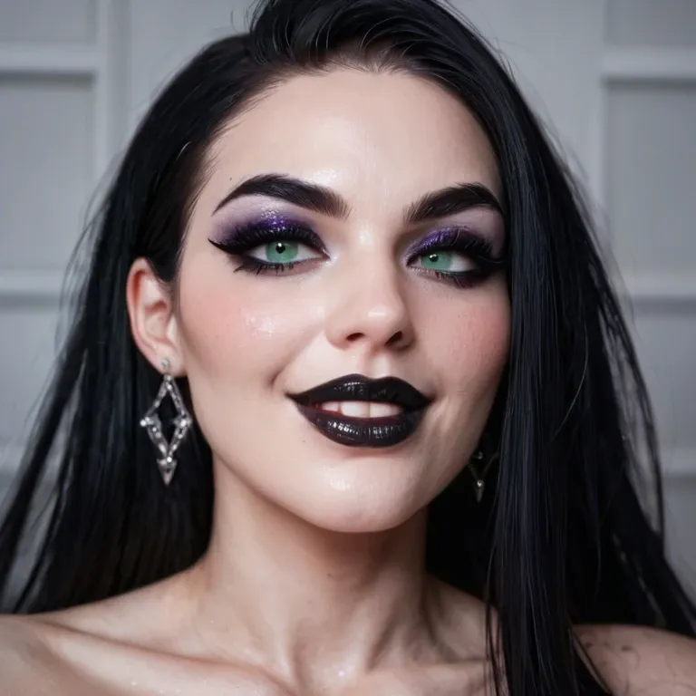 a sexy goth woman, extreme eyeliner, thick black eyeliner, winged eyeliner, huge eyelashes, black lipstick, very thin sculpted eyebrows, heavy blush, white foundation, extreme purple eyeshadow, green eyes, very pale skin, long black hair, smiling, playful, teasing, cute, curvy, large earrings, choker