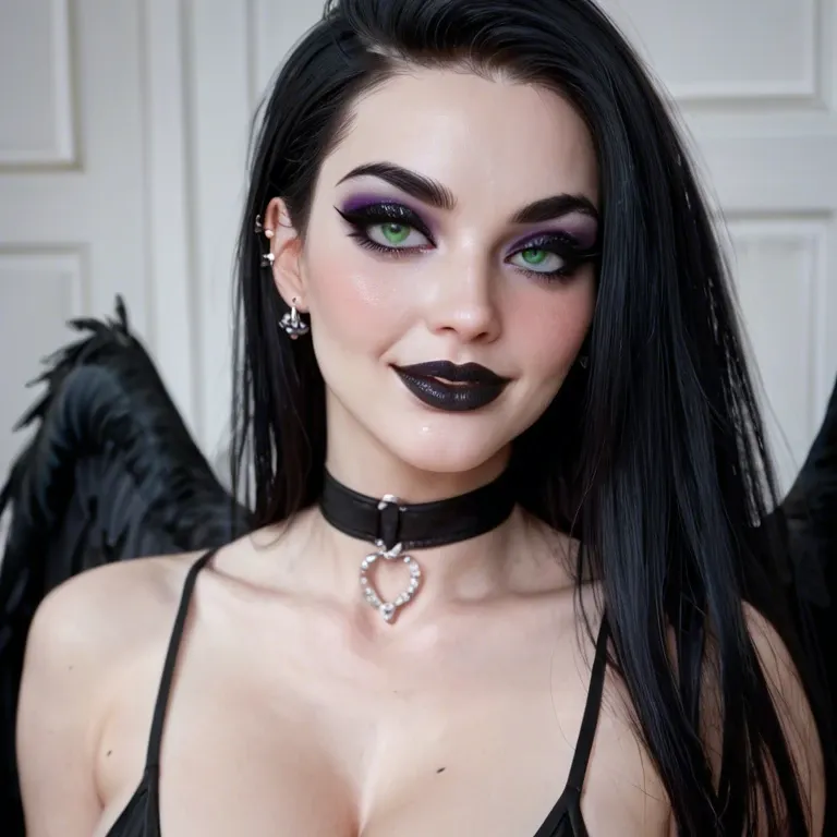 a sexy goth woman, extreme eyeliner, thick black eyeliner, winged eyeliner, huge eyelashes, black lipstick, very thin sculpted eyebrows, heavy blush, white foundation, extreme purple eyeshadow, green eyes, very pale skin, long black hair, smiling, playful, teasing, cute, curvy, large earrings, choker