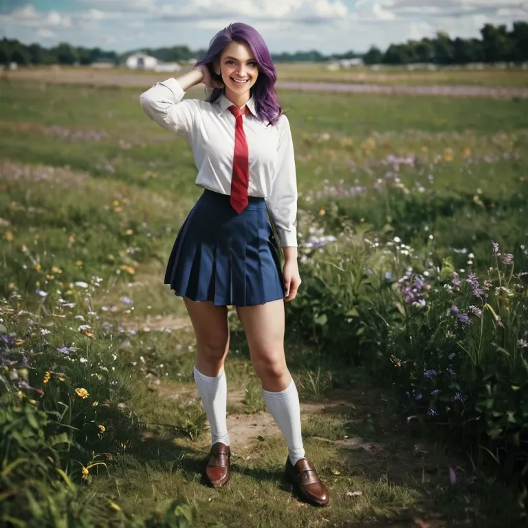 1 girl, 18 years, on field, brown shoes, White socks, blue school skirt, White shirt, purple hair, green eyes, standing, red  tie, smiling