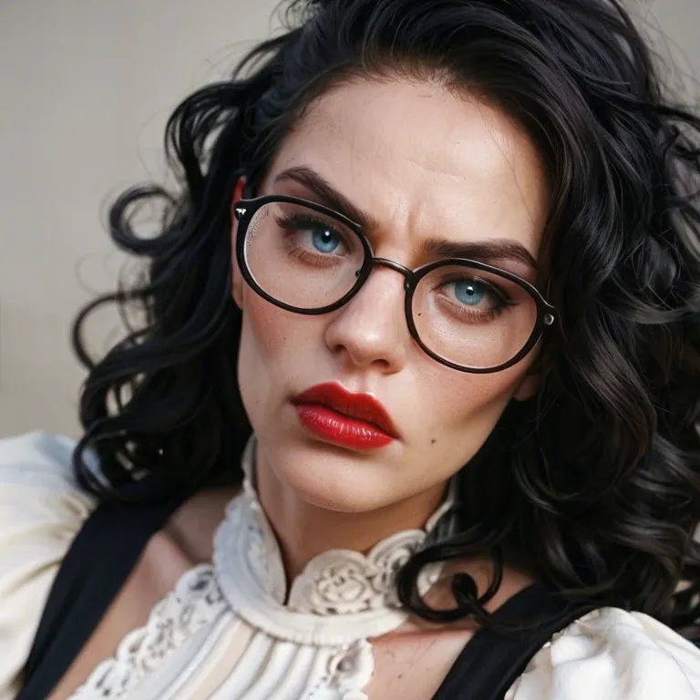 at a new year's event, high-definition, pale white skin, black curly raised hair, deep blue eyes, annoyed face expression, red lips, c-cup breasts, black-rimmed glasses, wearing a puffy dress above the knees coloured cotton-candy pink, shoulders visible, full body visible, deep cleavage visible, frontal looking at camera